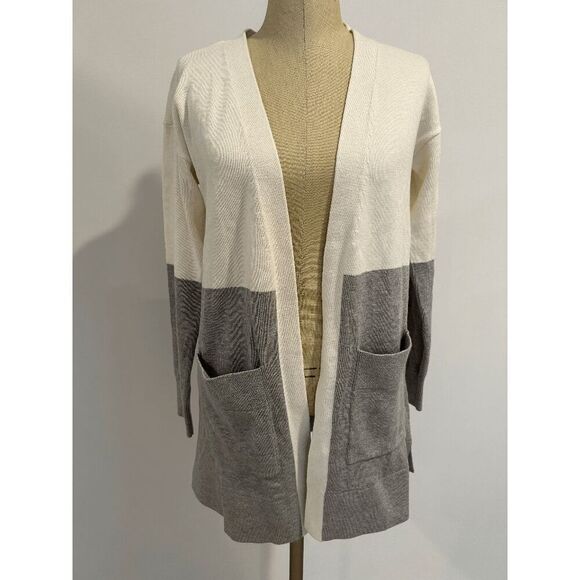 Nautica Women’s Colorblock Open Front Cardigan Cream Gray Sweater with Pockets X - Picture 3 of 6